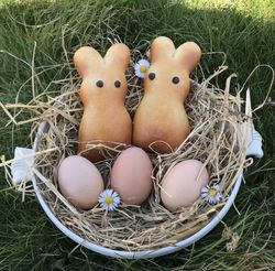Zwei Hasen gebacken in einem Osternest, dekoriert mit Hühnereiern