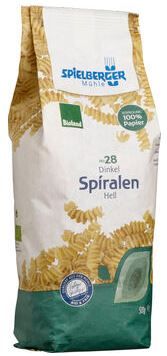 Das Bild zeigt eine Packung "Spielberger Mühle" Dinkel-Spiralen, gekennzeichnet als Bioland-Produkt. Die Verpackung besteht aus 100% Papier und enthält helle Spiralnudeln.