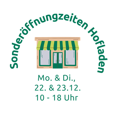 KI generiert: Illustration eines Ladens mit Text: "Sonderöffnungszeiten Hofladen: Mo. & Di., 22. & 23.12., 10 - 18 Uhr".