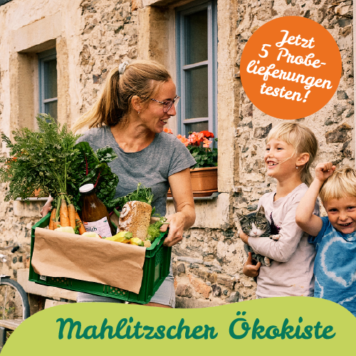 Familie mit Kindern steht vorm Haus und bestaunt Produkte aus Mahlitzscher Ökokiste