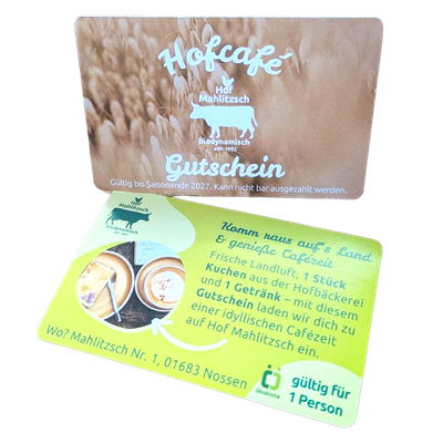 KI generiert: Gutschein für das Hofcafé Mahltzsch, gültig bis Saisonende 2027, einlösbar für 1 Person.