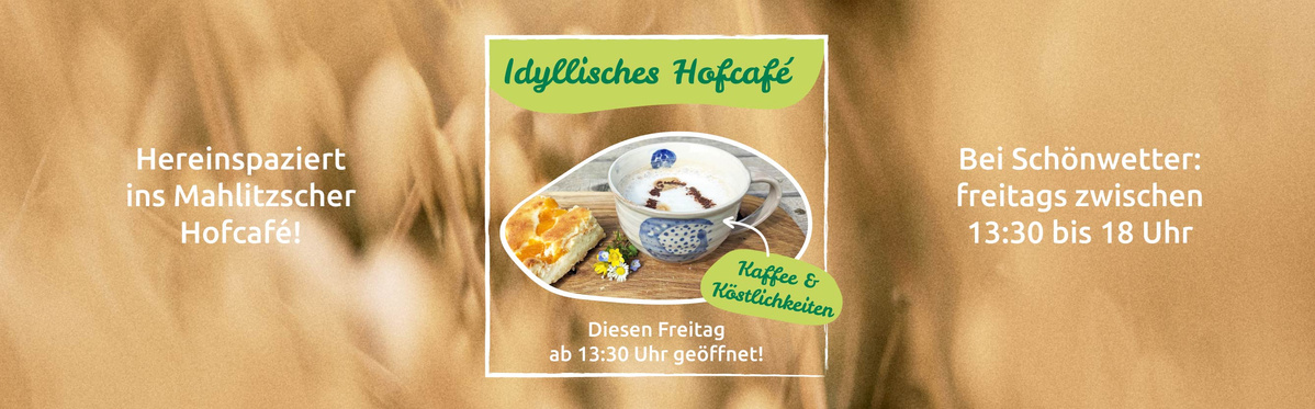 KI generiert: Idyllisches Hofcafé ankündigt Eröffnung; freitags 13:30-18 Uhr bei Schönwetter. Text: „Kaffee & Köstlichkeiten“.