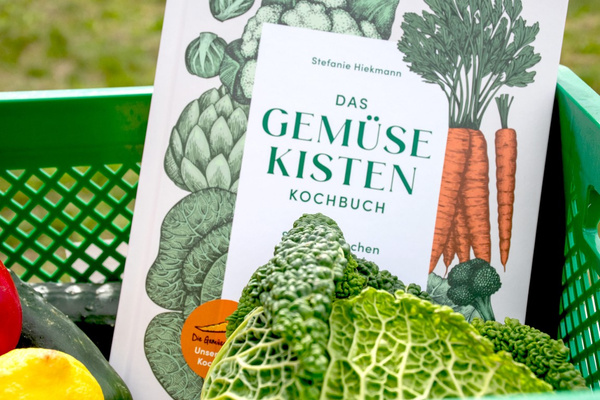 In dem Bild liegt "Das Gemüsekisten Kochbuch" in einer grünen Kister mit frischem Gemüse. Der Hauptfokus liegt auf dem Buchcover, das mit Illustrationen von Karotten und anderem Gemüse verziert ist.