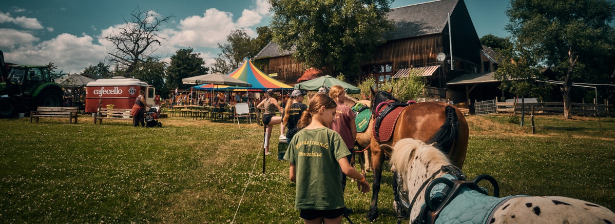 Kinder laufen mit Pferden über Wiese