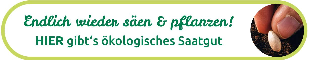  Eine Hand pflanzt einen Samen. Text: "Endlich wieder säen & pflanzen! Ökologisches Saatgut gibt's hier!"