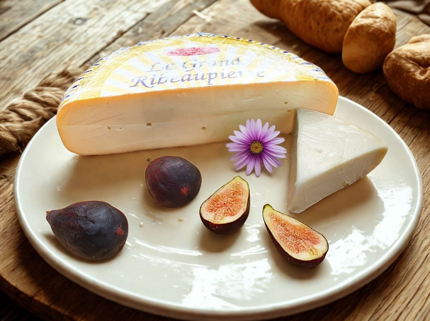 Käse, Feigen und eine Blume auf einem Teller, umgeben von Brötchen. Text: "Le Grand Ribeaupierre".
