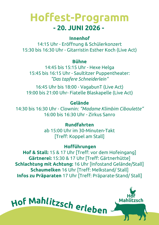 KI generiert: Plakat mit Programm des Hoffests am 20. Juni 2026, Hof Mahlitzsch. Verschiedene Veranstaltungen und Führungen.